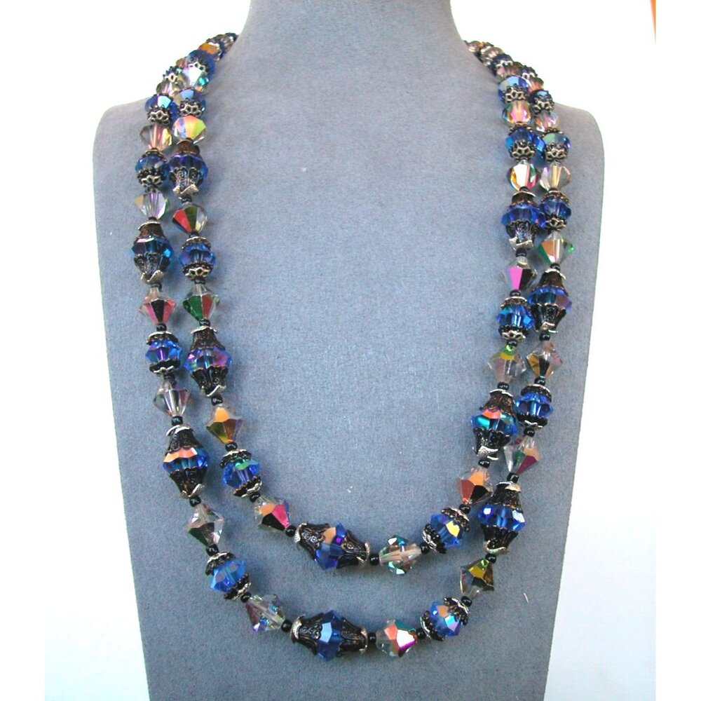 Vintage 2 Strand Blue & Clear Crystal Necklace 20" & 22"